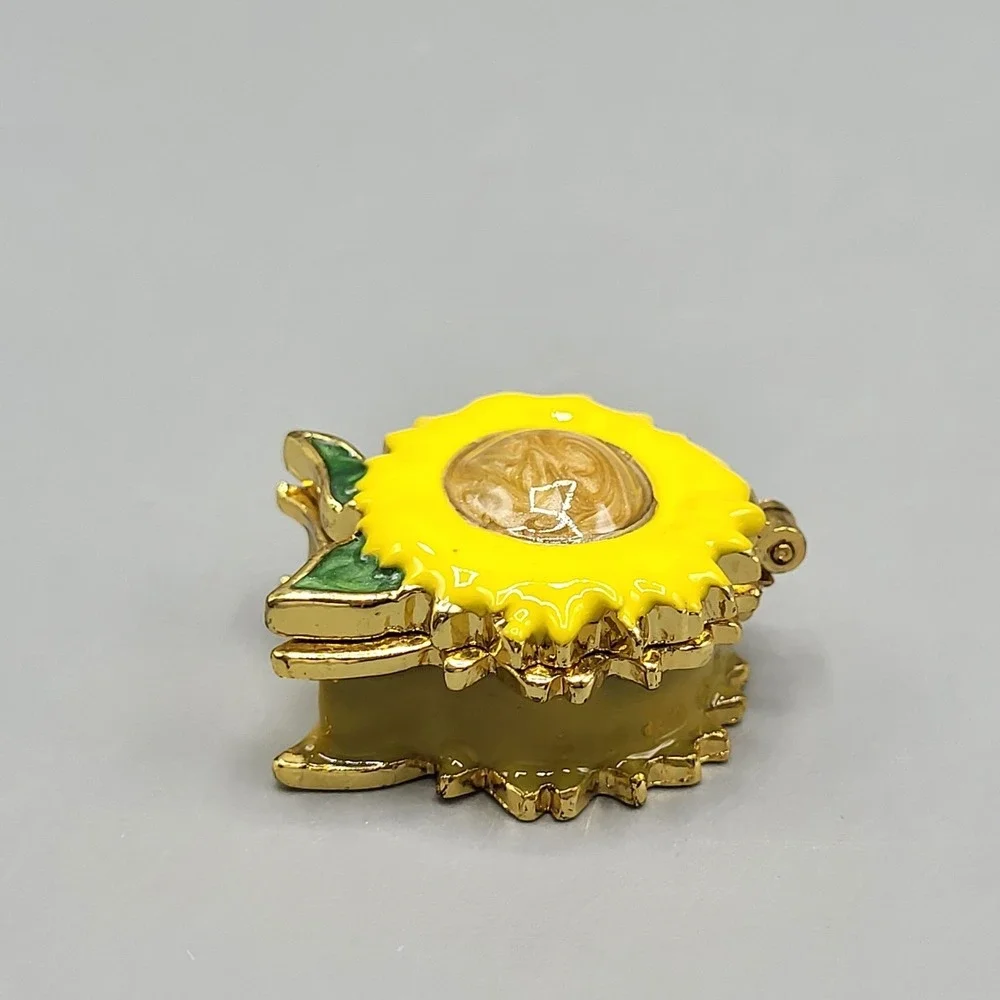 Work of Art Sunflower Trinket Pill Box Enamel Magnetic Shel Decor Gold Yellow